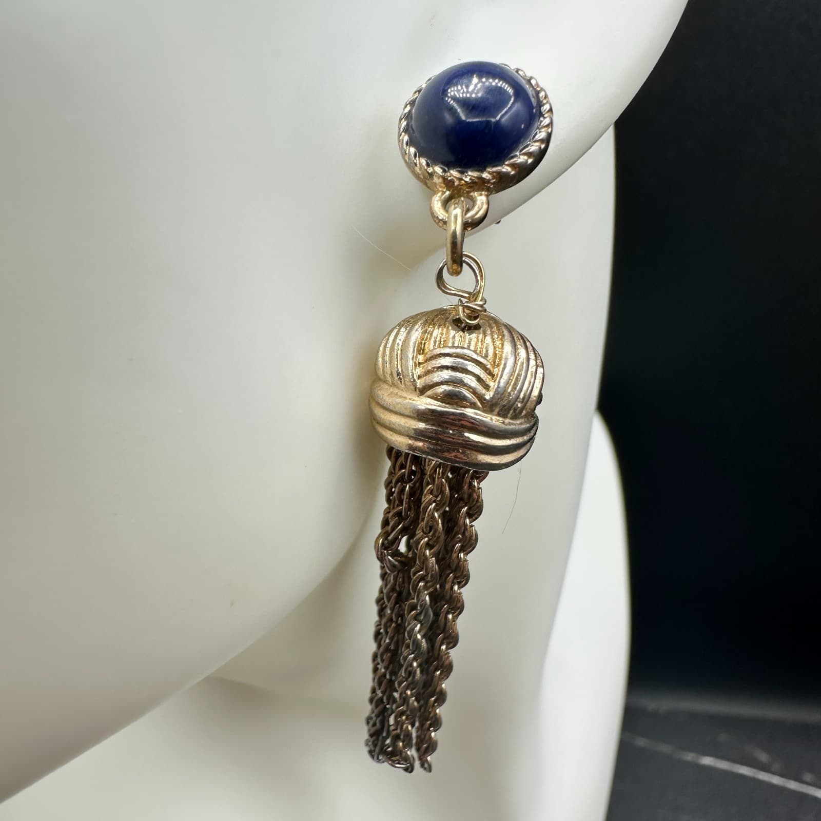 VTG Gold Tone Blue Cabochon Tassel Chain Statement Drop Earrings Retro - Thumbnail 2