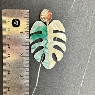 Acrylic Monstera Leaf Statement Earrings Green Cream Split Color Dangle Fashion - Thumbnail 12
