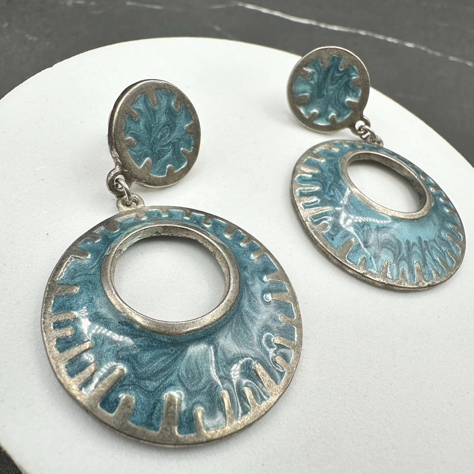 Vintage Silver Tone Blue Enamel Dangle Earrings Large Oval Post Boho Jewelry - Thumbnail 11