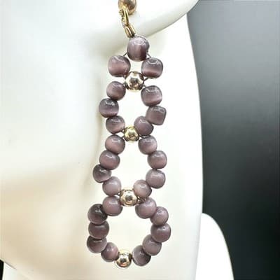 Vintage Handmade Purple Glass Bead Gold-Tone Dangle Drop Earrings Boho Statement - Thumbnail 2