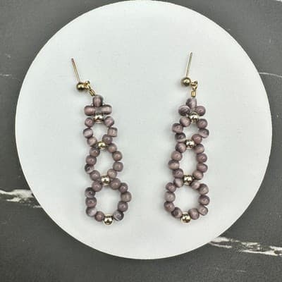 Vintage Handmade Purple Glass Bead Gold-Tone Dangle Drop Earrings Boho Statement - Thumbnail 10