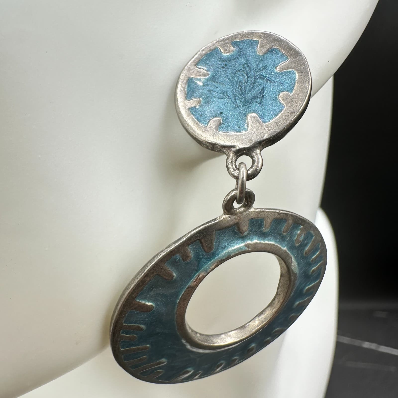 Vintage Silver Tone Blue Enamel Dangle Earrings Large Oval Post Boho Jewelry - Thumbnail 5