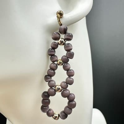Vintage Handmade Purple Glass Bead Gold-Tone Dangle Drop Earrings Boho Statement - Thumbnail 4