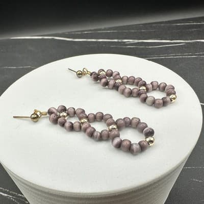 Vintage Handmade Purple Glass Bead Gold-Tone Dangle Drop Earrings Boho Statement - Thumbnail 12
