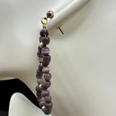 Vintage Handmade Purple Glass Bead Gold-Tone Dangle Drop Earrings Boho Statement - Thumbnail 6