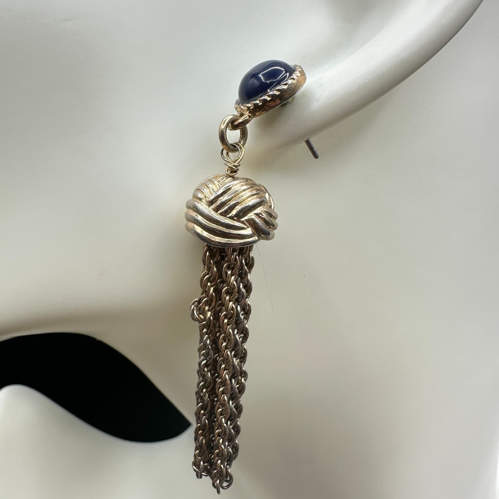 VTG Gold Tone Blue Cabochon Tassel Chain Statement Drop Earrings Retro - Thumbnail 5