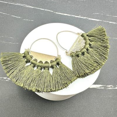 Boho Tassel Fan Dangle Earrings Green Gold Statement Fashion Jewelry