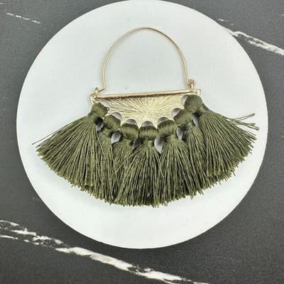 Boho Tassel Fan Dangle Earrings Green Gold Statement Fashion Jewelry - Thumbnail 7