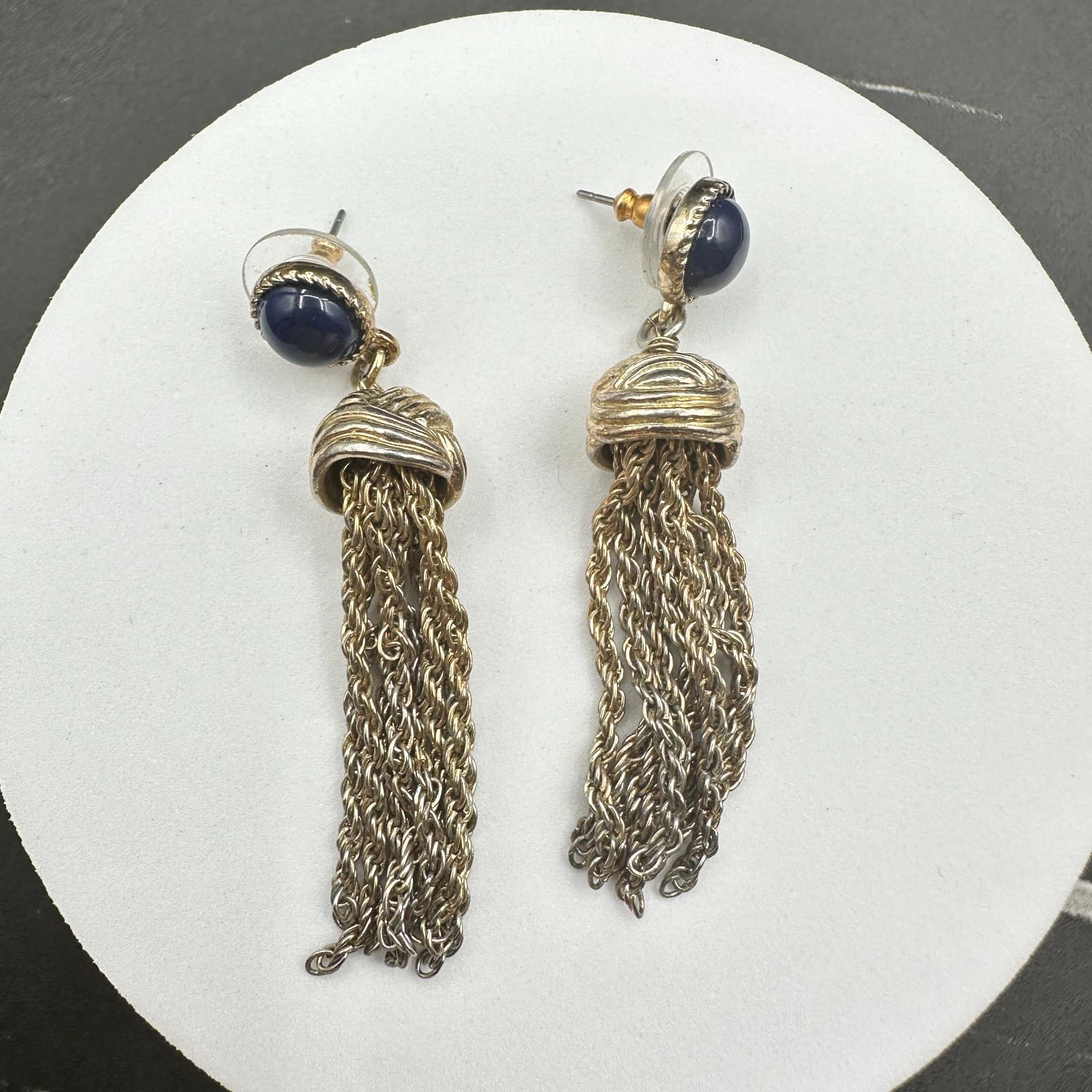 VTG Gold Tone Blue Cabochon Tassel Chain Statement Drop Earrings Retro - Thumbnail 9