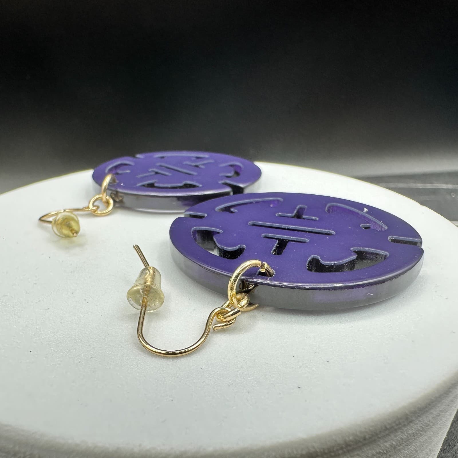 Vintage Lucite Plastic Drop Dangle Earrings Round Chinese Symbol Style Jewelry - Thumbnail 12