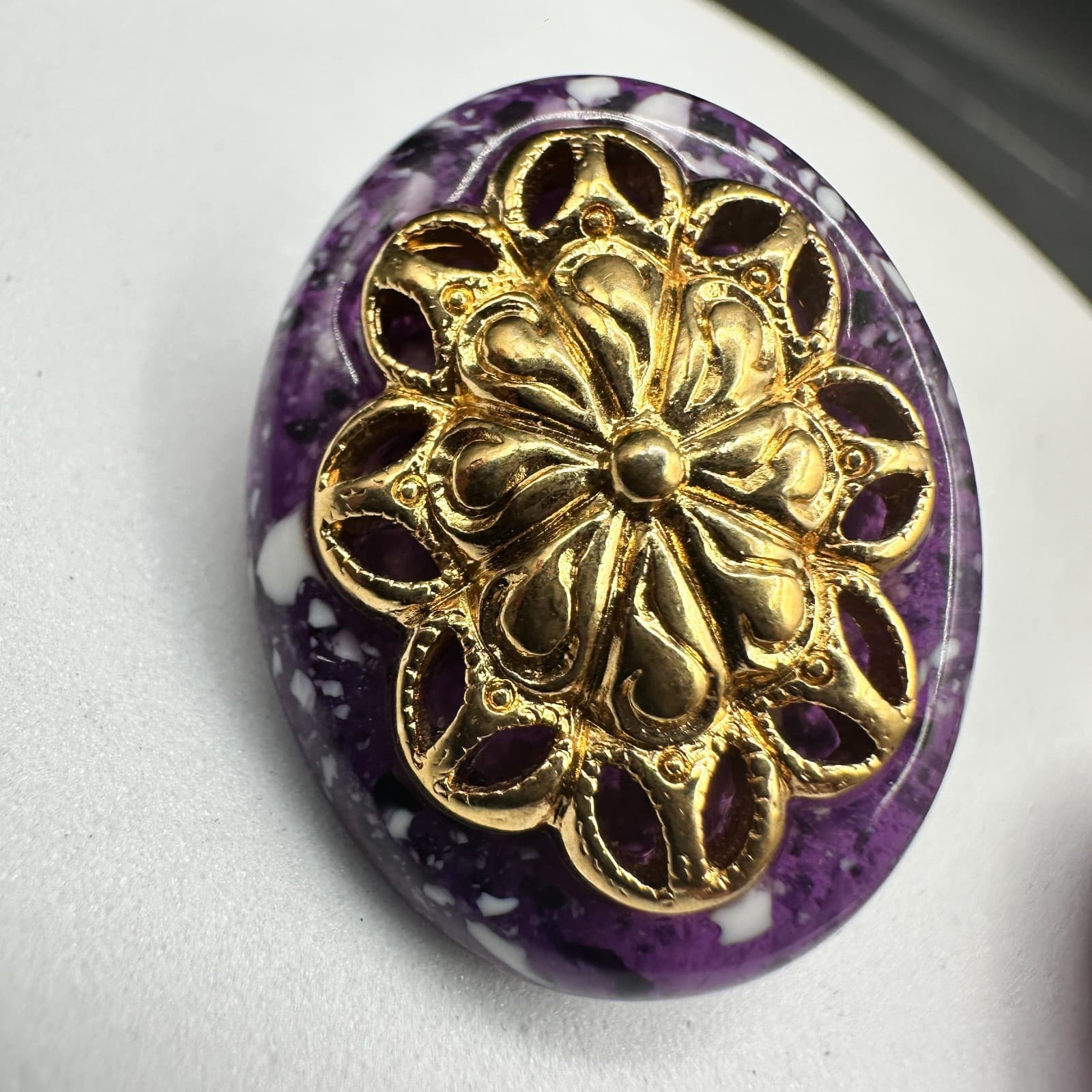 Vintage Gold Tone Purple Oval Floral Stud Earrings Retro Costume Jewelry - Thumbnail 8