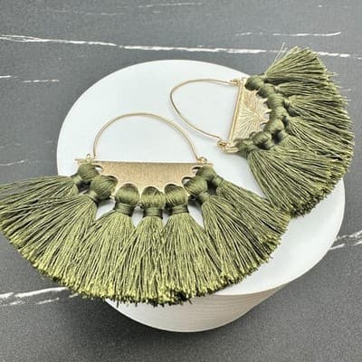 Boho Tassel Fan Dangle Earrings Green Gold Statement Fashion Jewelry - Thumbnail 2