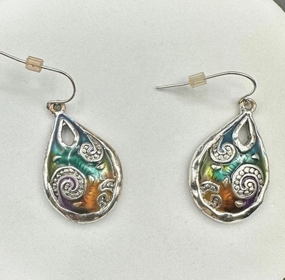 Vintage Boho Multicolor Teardrop Dangle Earrings Silver Tone Swirl Art Pattern