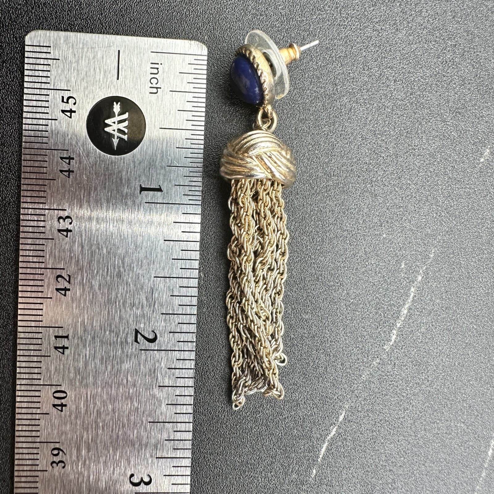 VTG Gold Tone Blue Cabochon Tassel Chain Statement Drop Earrings Retro - Thumbnail 8
