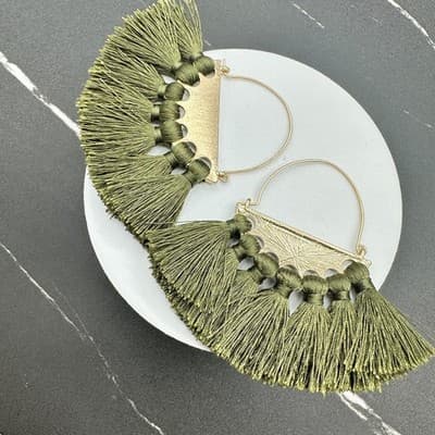 Boho Tassel Fan Dangle Earrings Green Gold Statement Fashion Jewelry - Thumbnail 3
