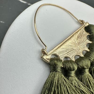 Boho Tassel Fan Dangle Earrings Green Gold Statement Fashion Jewelry - Thumbnail 6