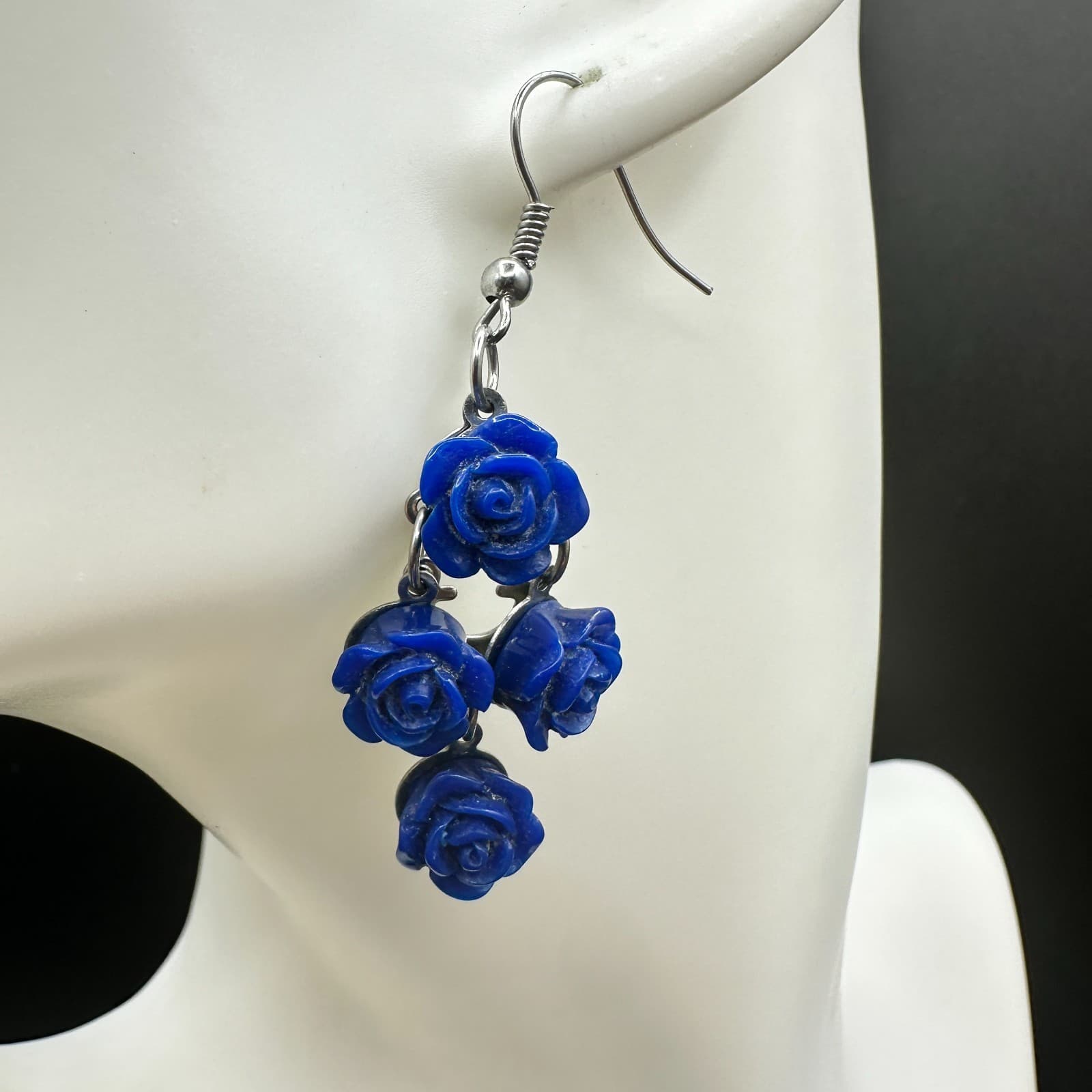 Vintage Blue Rose Dangle Earrings Silver Tone Floral Drop Hook Boho Jewelry