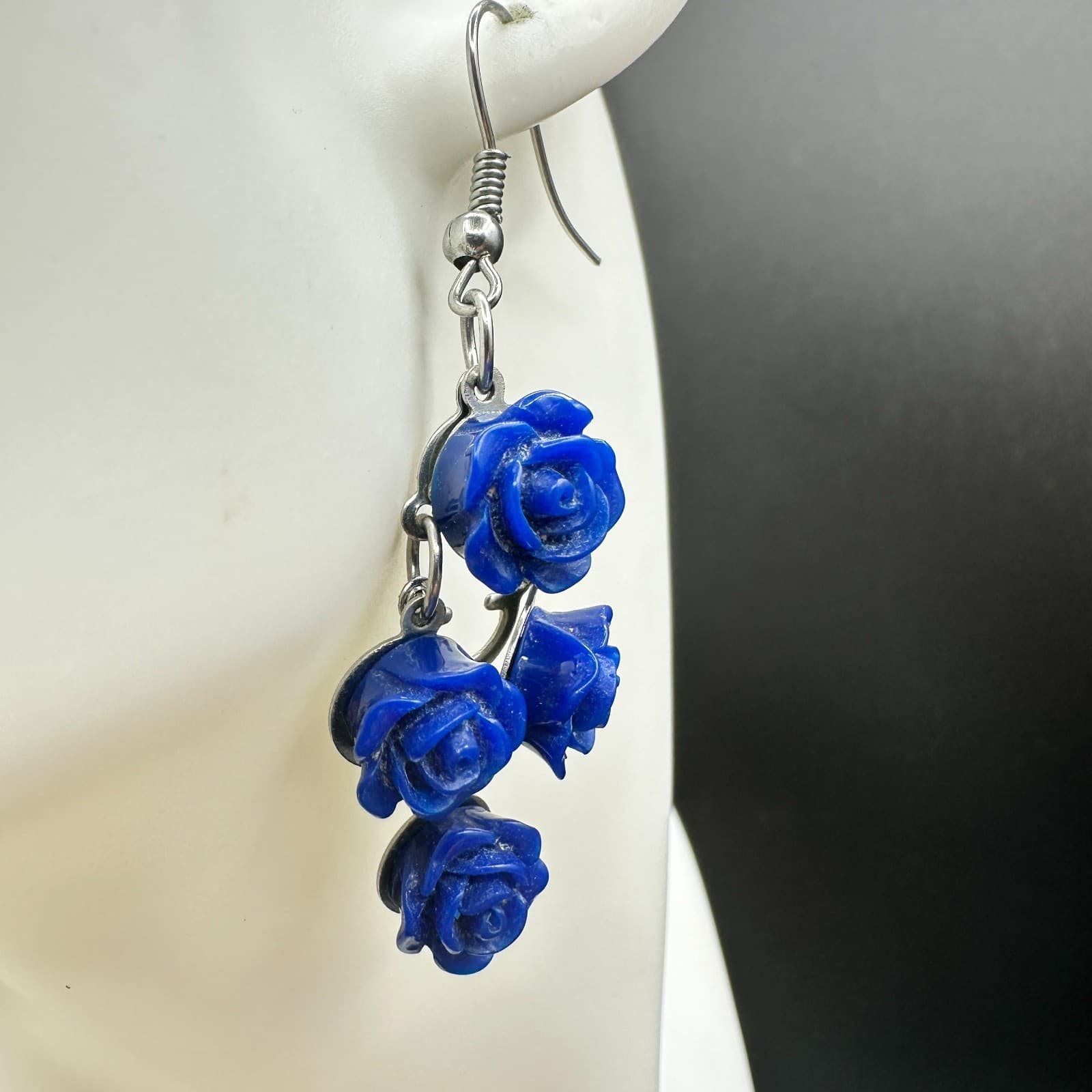 Vintage Blue Rose Dangle Earrings Silver Tone Floral Drop Hook Boho Jewelry - Thumbnail 7