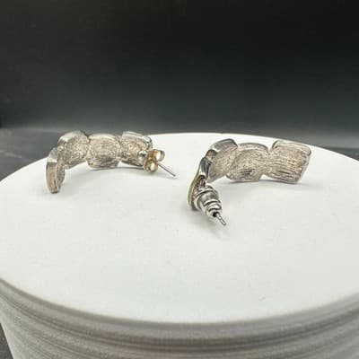 VTG Enamel Half Hoop Earrings Green Blue Square Retro Chunky Silver Tone Jewelry - Thumbnail 6