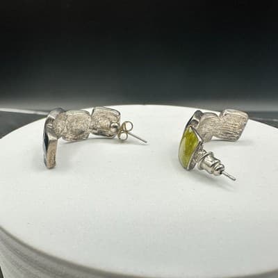 VTG Enamel Half Hoop Earrings Green Blue Square Retro Chunky Silver Tone Jewelry - Thumbnail 5