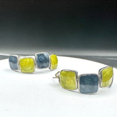 VTG Enamel Half Hoop Earrings Green Blue Square Retro Chunky Silver Tone Jewelry