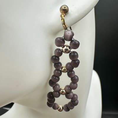 Vintage Handmade Purple Glass Bead Gold-Tone Dangle Drop Earrings Boho Statement - Thumbnail 5