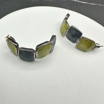 VTG Enamel Half Hoop Earrings Green Blue Square Retro Chunky Silver Tone Jewelry - Thumbnail 8