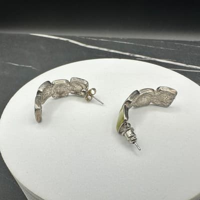 VTG Enamel Half Hoop Earrings Green Blue Square Retro Chunky Silver Tone Jewelry - Thumbnail 7