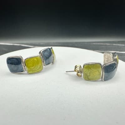 VTG Enamel Half Hoop Earrings Green Blue Square Retro Chunky Silver Tone Jewelry - Thumbnail 3
