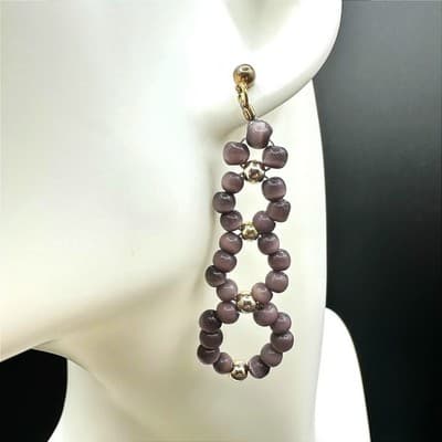 Vintage Handmade Purple Glass Bead Gold-Tone Dangle Drop Earrings Boho Statement - Thumbnail 3