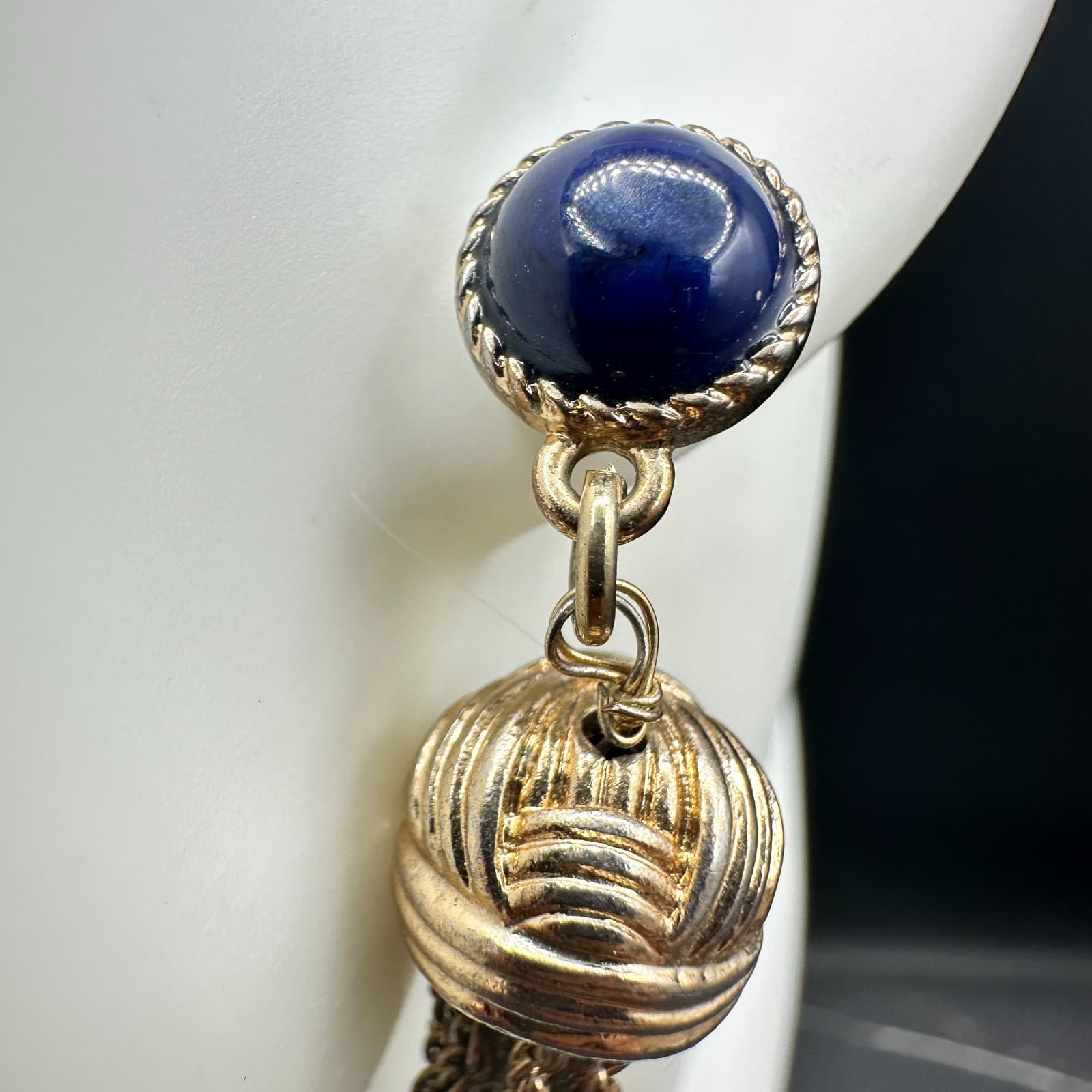 VTG Gold Tone Blue Cabochon Tassel Chain Statement Drop Earrings Retro - Thumbnail 4
