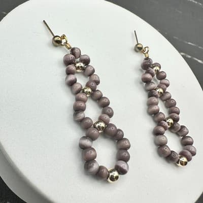Vintage Handmade Purple Glass Bead Gold-Tone Dangle Drop Earrings Boho Statement - Thumbnail 11