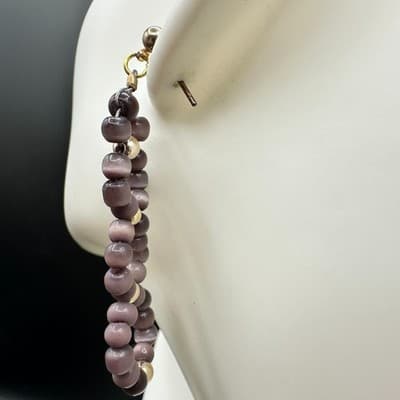 Vintage Handmade Purple Glass Bead Gold-Tone Dangle Drop Earrings Boho Statement - Thumbnail 7