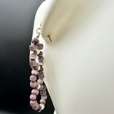 Vintage Handmade Purple Glass Bead Gold-Tone Dangle Drop Earrings Boho Statement - Thumbnail 8