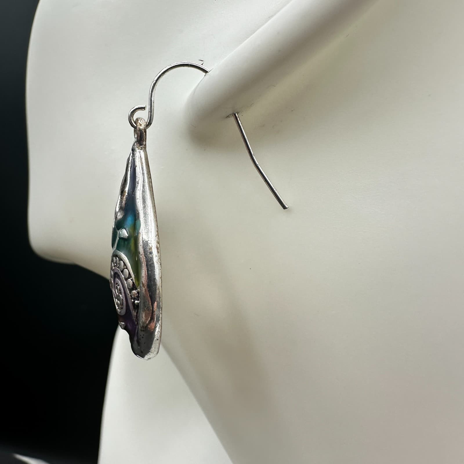 Vintage Boho Multicolor Teardrop Dangle Earrings Silver Tone Swirl Art Pattern - Thumbnail 6
