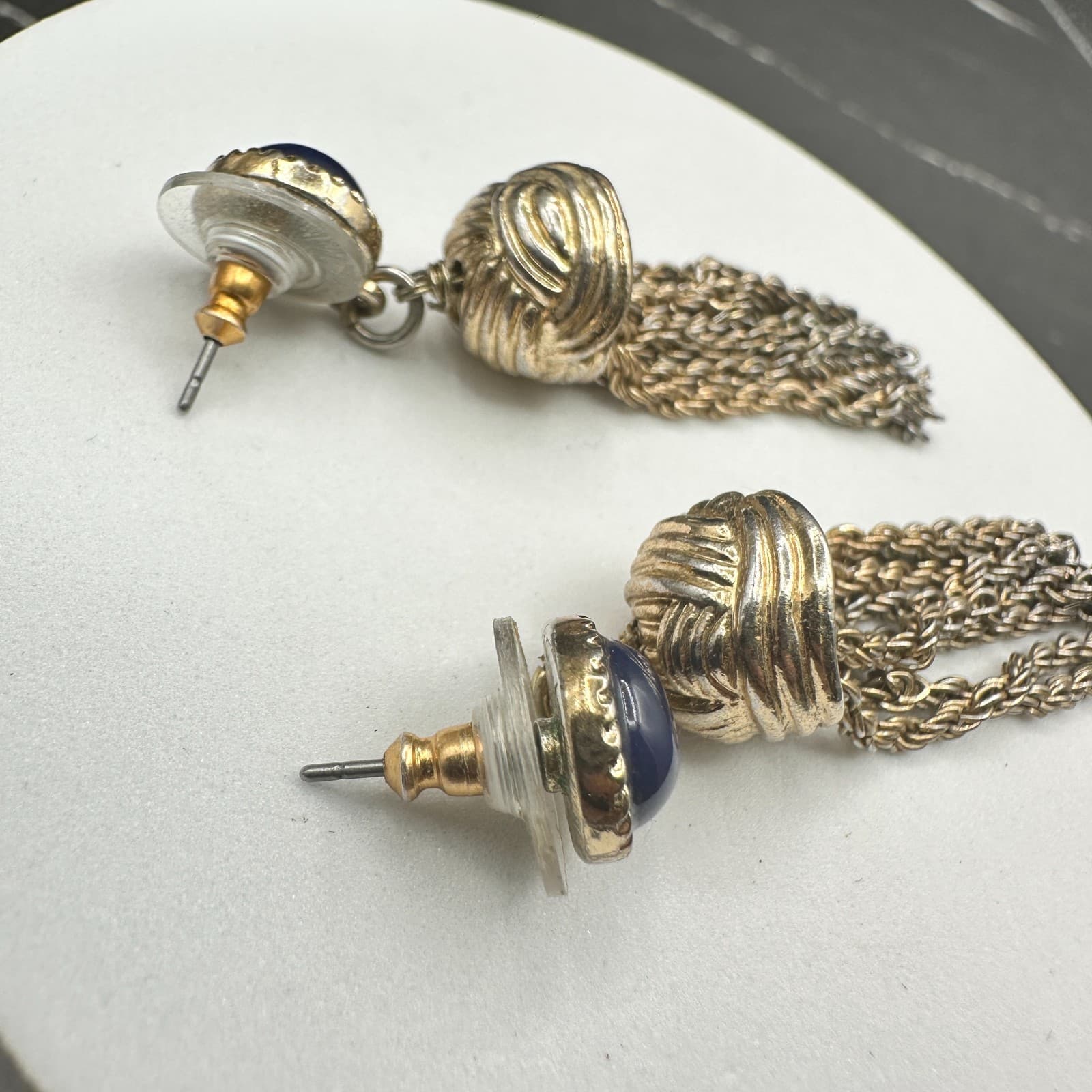 VTG Gold Tone Blue Cabochon Tassel Chain Statement Drop Earrings Retro - Thumbnail 12