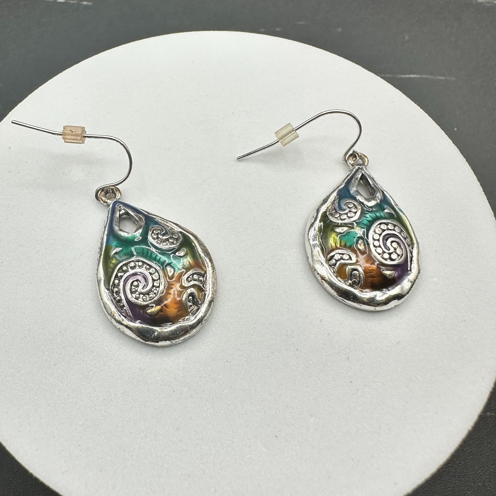 Vintage Boho Multicolor Teardrop Dangle Earrings Silver Tone Swirl Art Pattern - Thumbnail 10