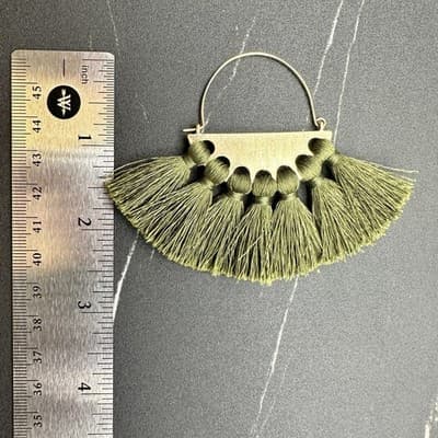 Boho Tassel Fan Dangle Earrings Green Gold Statement Fashion Jewelry - Thumbnail 9