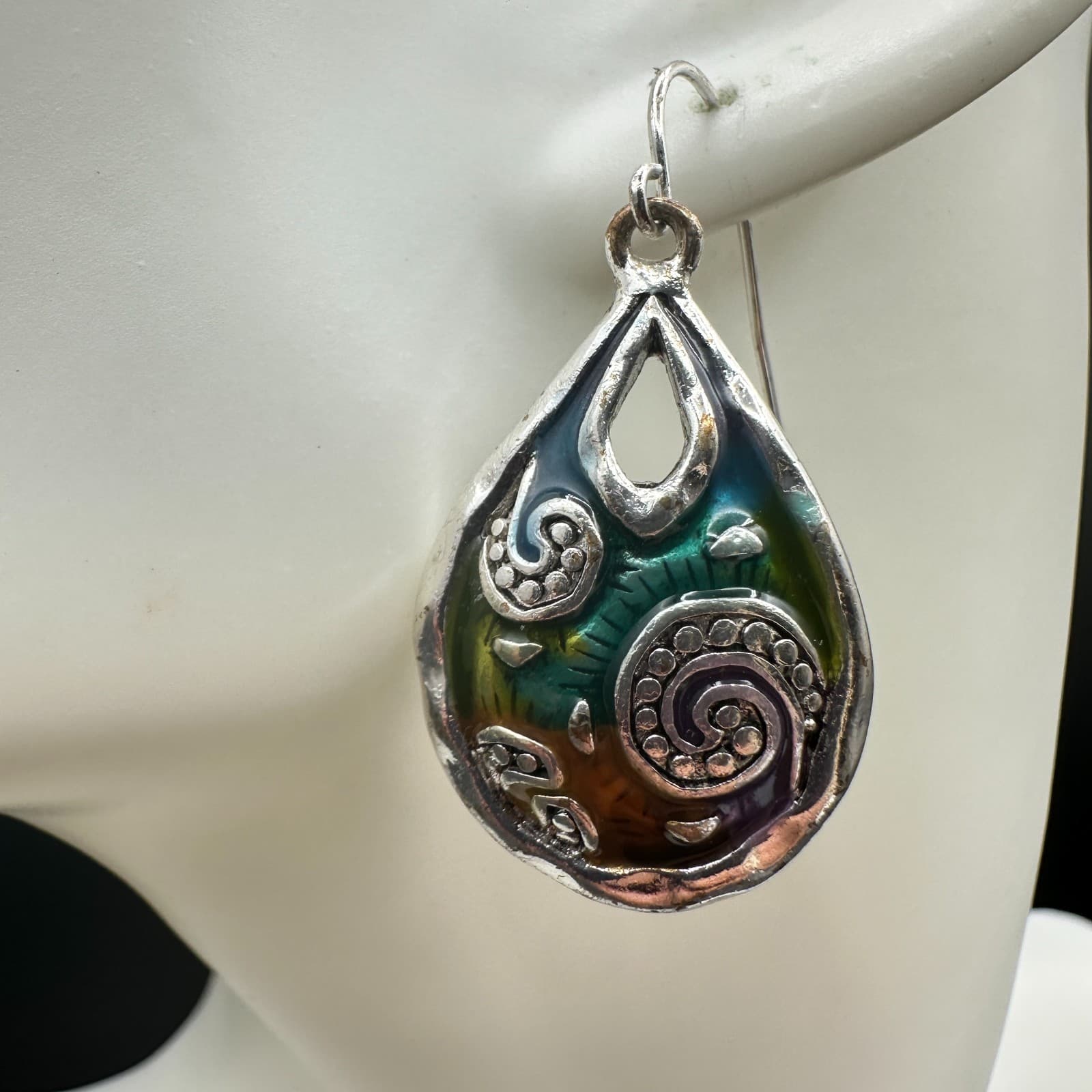 Vintage Boho Multicolor Teardrop Dangle Earrings Silver Tone Swirl Art Pattern - Thumbnail 3