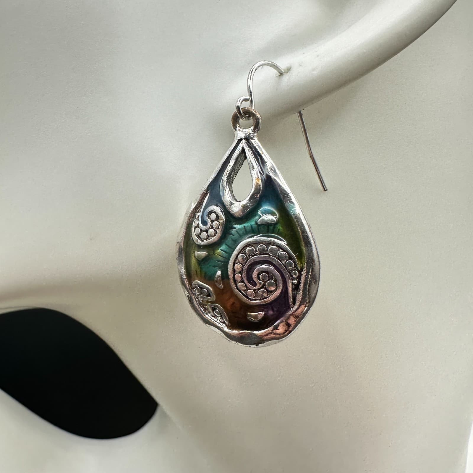 Vintage Boho Multicolor Teardrop Dangle Earrings Silver Tone Swirl Art Pattern - Thumbnail 2