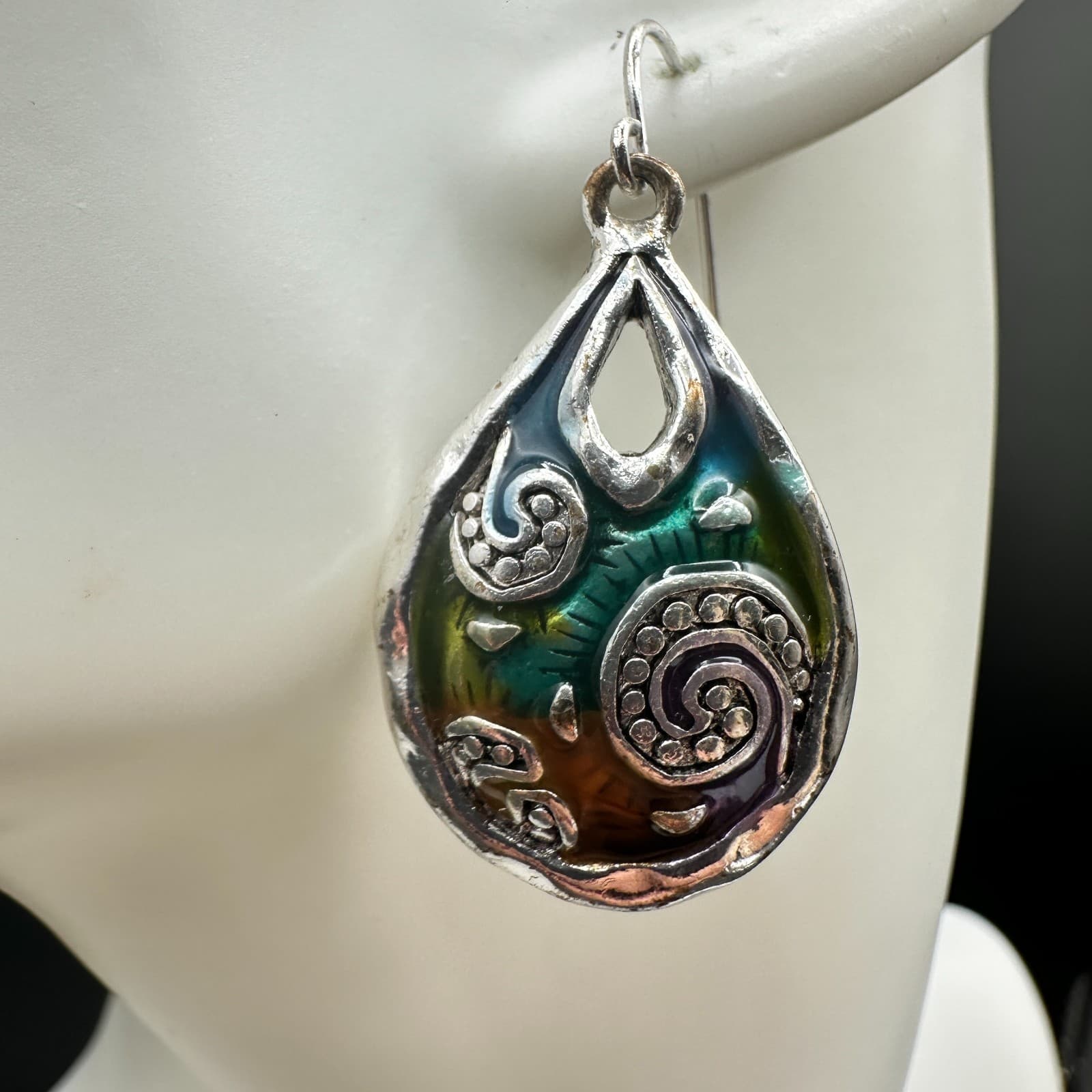 Vintage Boho Multicolor Teardrop Dangle Earrings Silver Tone Swirl Art Pattern - Thumbnail 4