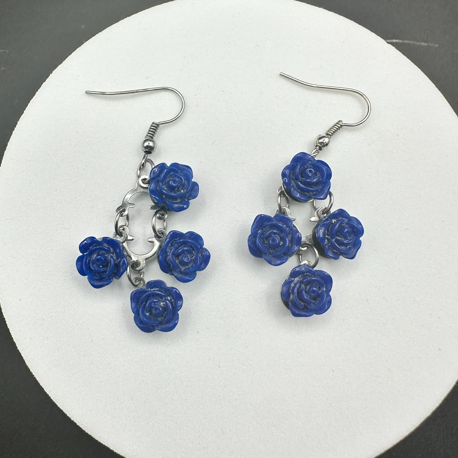 Vintage Blue Rose Dangle Earrings Silver Tone Floral Drop Hook Boho Jewelry - Thumbnail 10