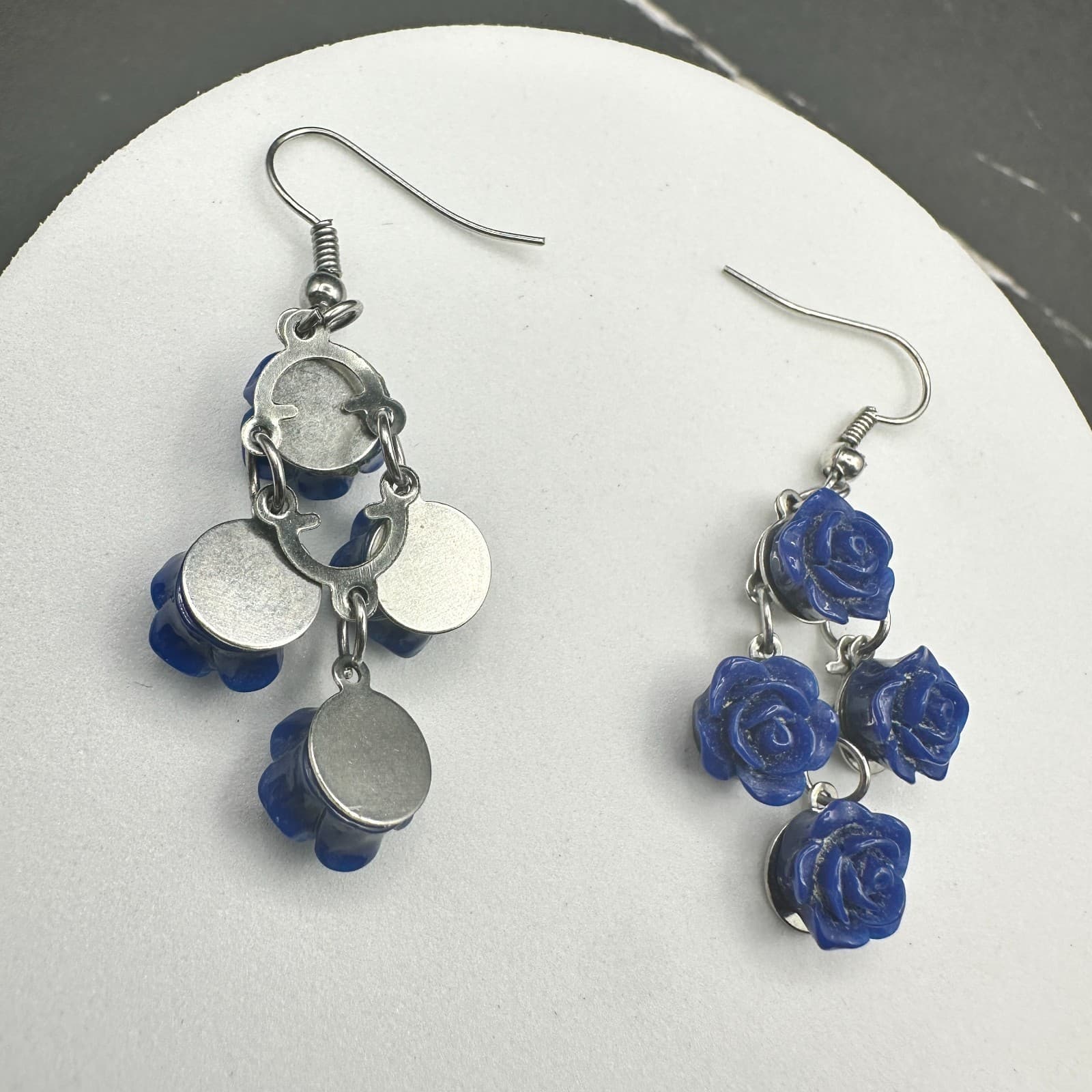 Vintage Blue Rose Dangle Earrings Silver Tone Floral Drop Hook Boho Jewelry - Thumbnail 13