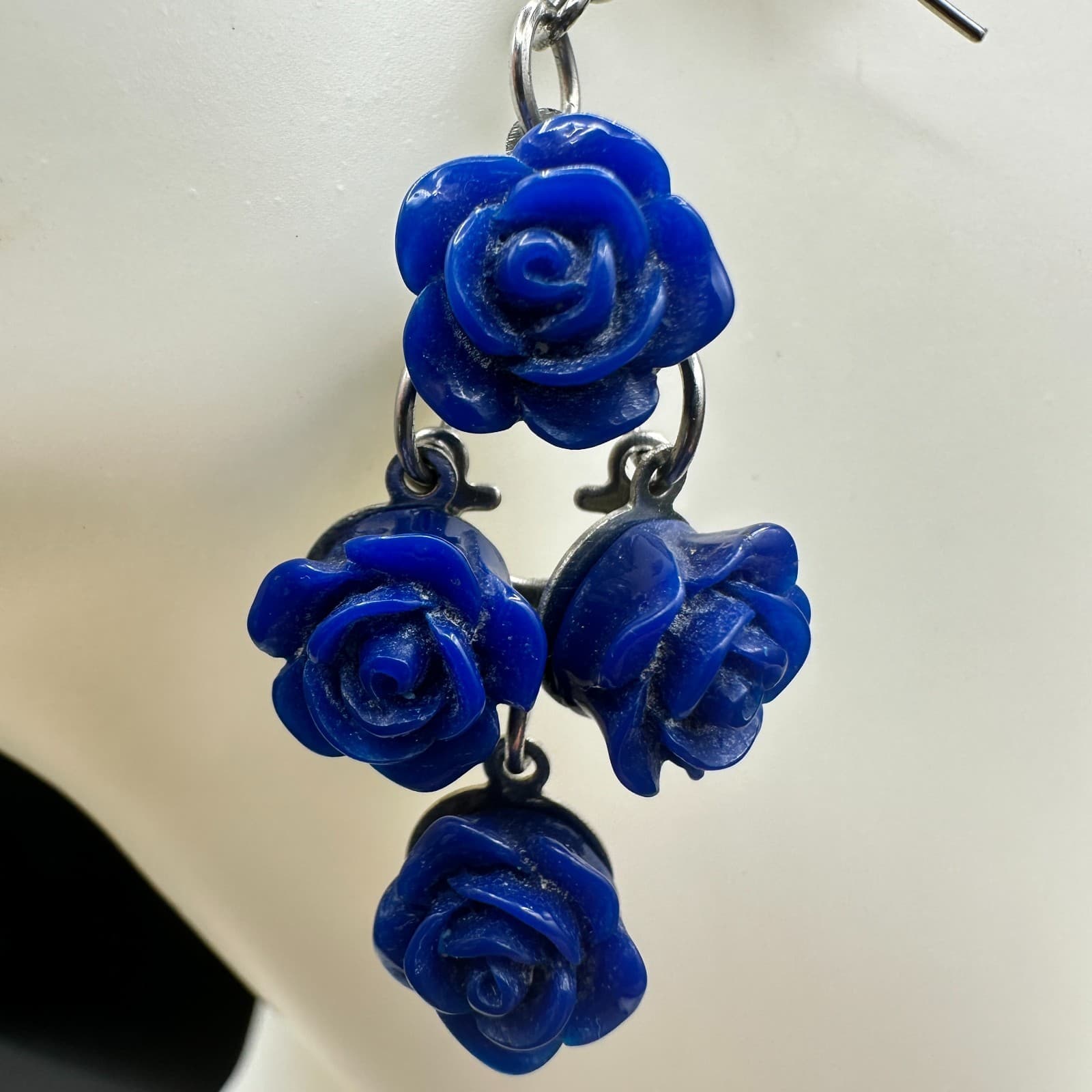 Vintage Blue Rose Dangle Earrings Silver Tone Floral Drop Hook Boho Jewelry - Thumbnail 8