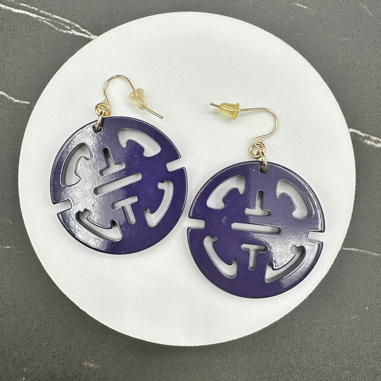 Vintage Lucite Plastic Drop Dangle Earrings Round Chinese Symbol Style Jewelry