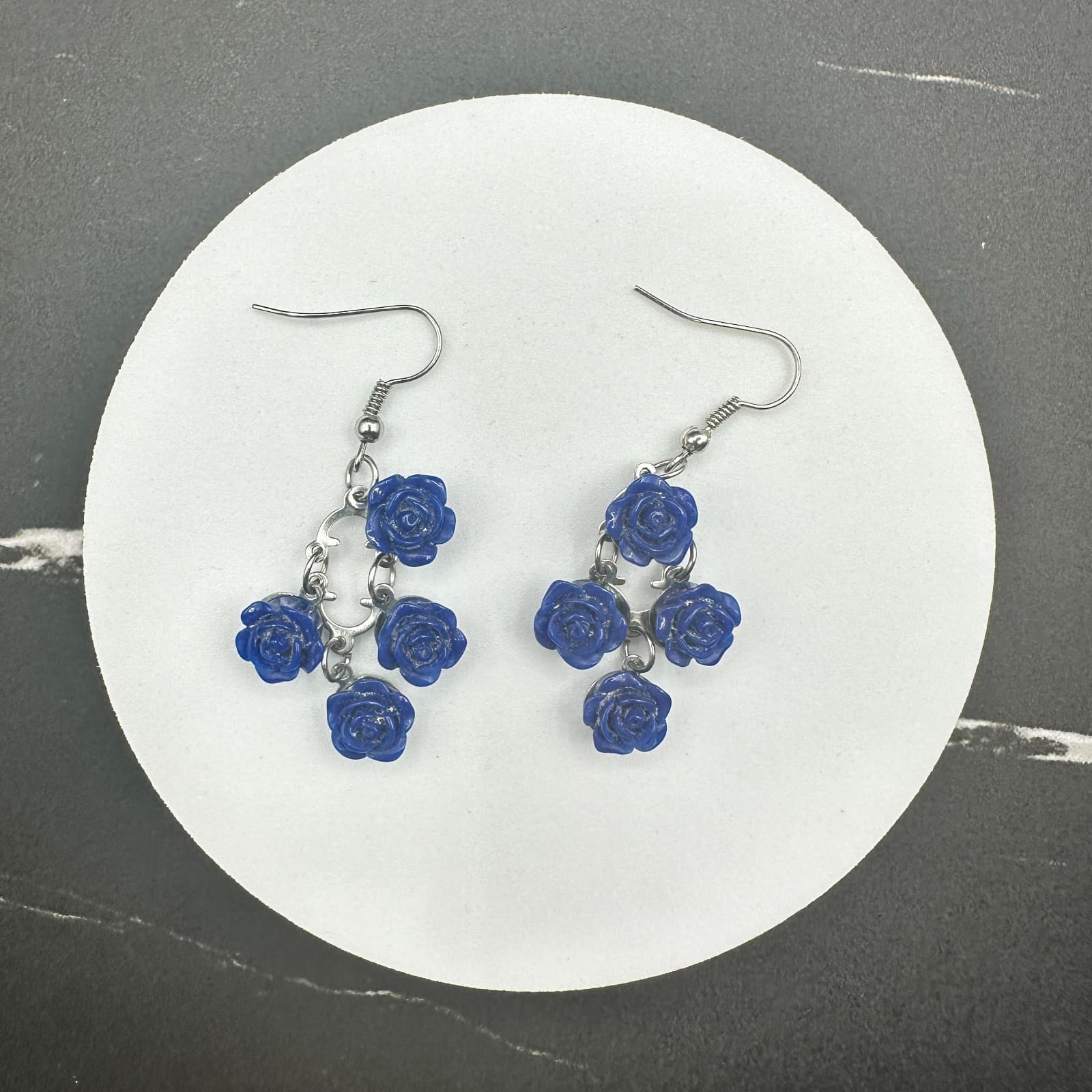 Vintage Blue Rose Dangle Earrings Silver Tone Floral Drop Hook Boho Jewelry - Thumbnail 9