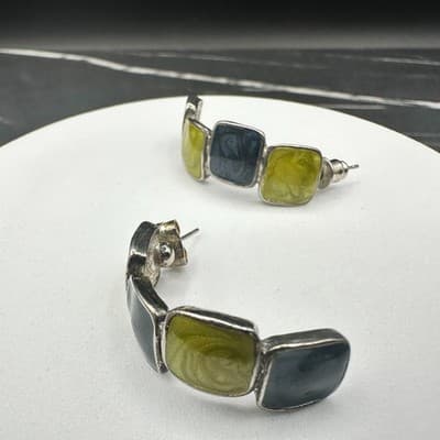 VTG Enamel Half Hoop Earrings Green Blue Square Retro Chunky Silver Tone Jewelry - Thumbnail 4
