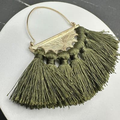 Boho Tassel Fan Dangle Earrings Green Gold Statement Fashion Jewelry - Thumbnail 5