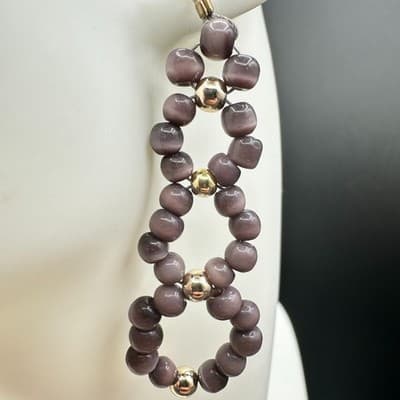 Vintage Handmade Purple Glass Bead Gold-Tone Dangle Drop Earrings Boho Statement - Thumbnail 9