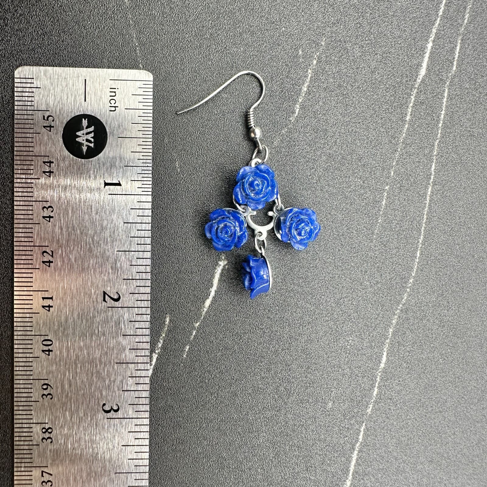 Vintage Blue Rose Dangle Earrings Silver Tone Floral Drop Hook Boho Jewelry - Thumbnail 6
